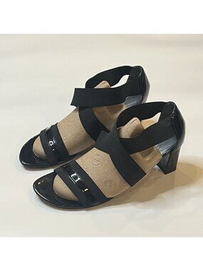 Stuart Weitzman Womens 7.5 Black Patent Leather Elastic Strappy Heel Sandals